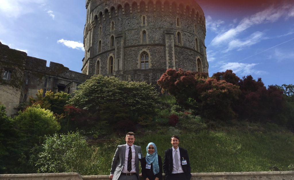 At the Round Tower of Windsor Castle: Harrison Cutler, Ayesha Hussain, Lloyd Ross (left to right). 
