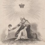 Etching of George III as king with crown hovering above his head and emitting rays of light