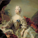 Portrait of a woman in a white dress with panniers and white wig.