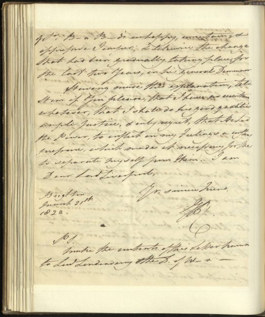 Copy letter from George IV to Lord Liverpool concerning Benjamin Bloomfield, March 1822. GEO/MAIN/24954-55