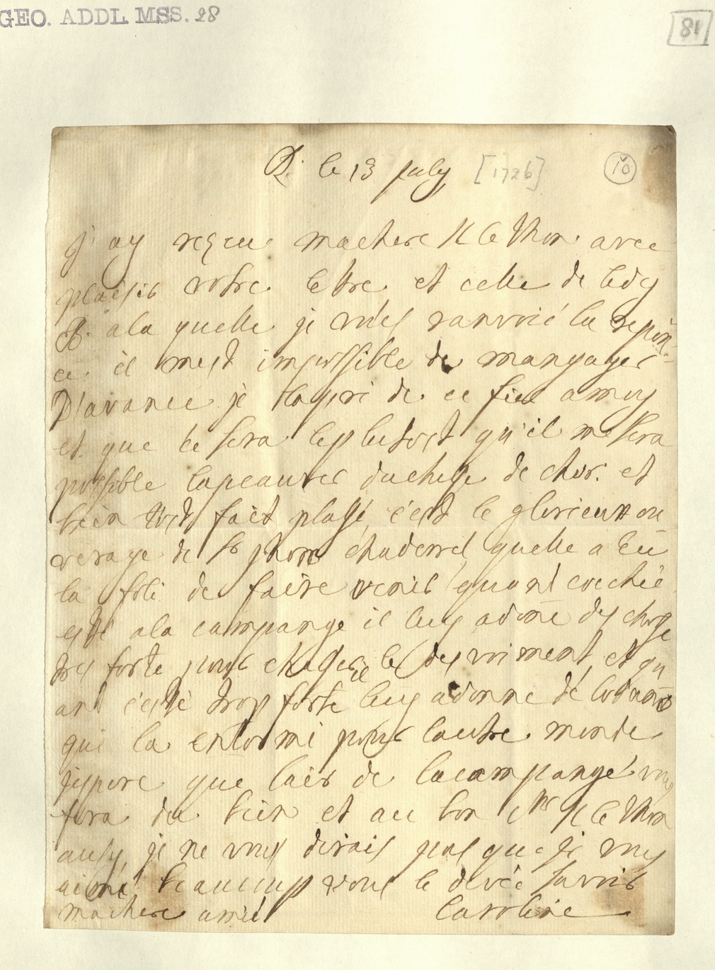 Manuscript document in French written by Caroline, Princess of Wales