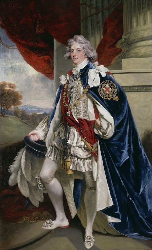 Portrait of George IV standing, in white outfit with blue cape