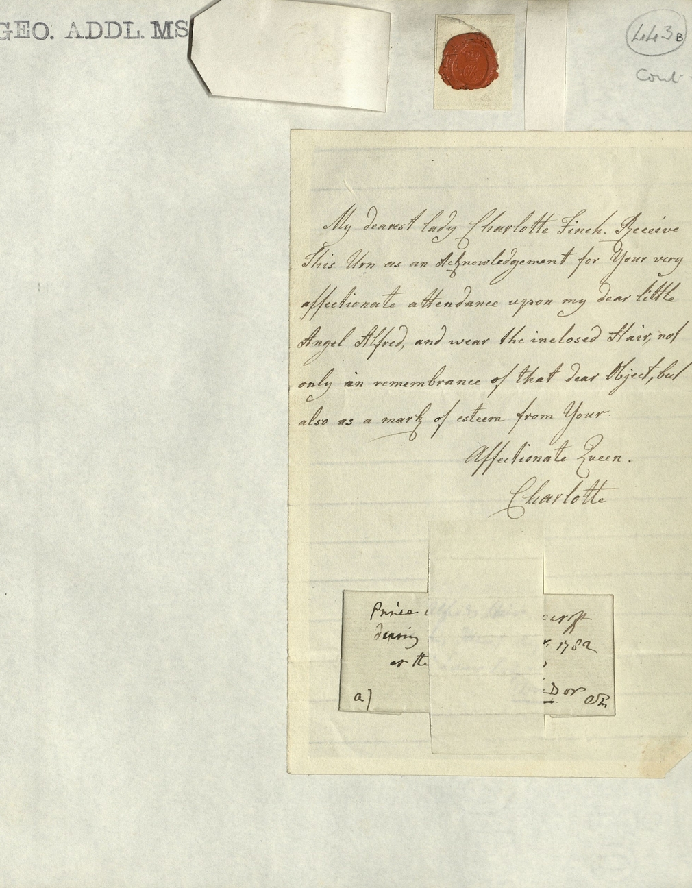 Letter from Queen Charlotte to lady Charlotte Finch