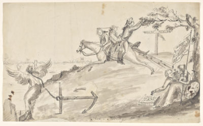 Satire on the American War of Independence. Lord North riding on galloping horse towards high precipice. George III and another follow. Britannia as an old woman, embraced by a man playing dice. On left angel with anchor tied to neck.