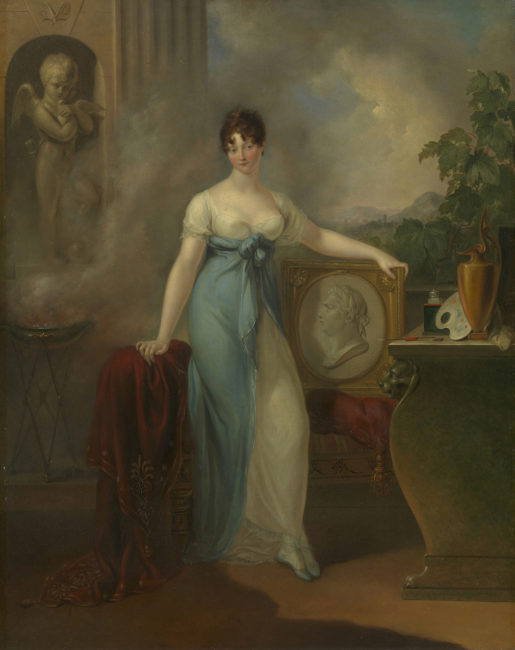 Full length portrait of Princess Mary in a white and blue gown and holding a framed relief of the head of George III
